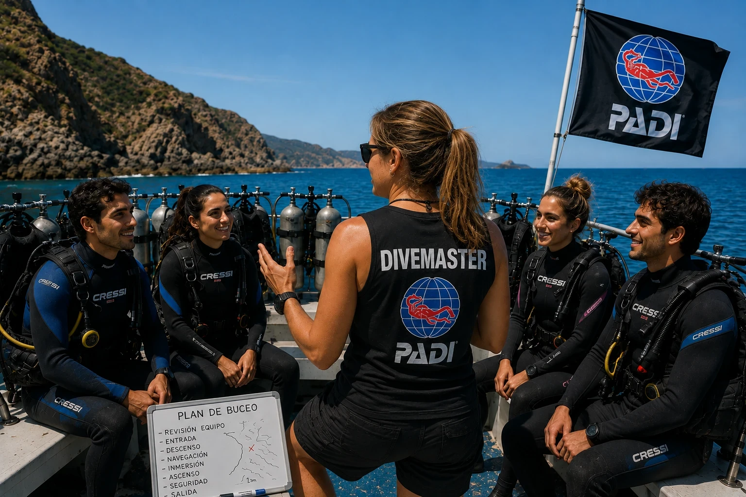 Divemaster dando la clase teórica del plan de buceo a un grupo a bordo